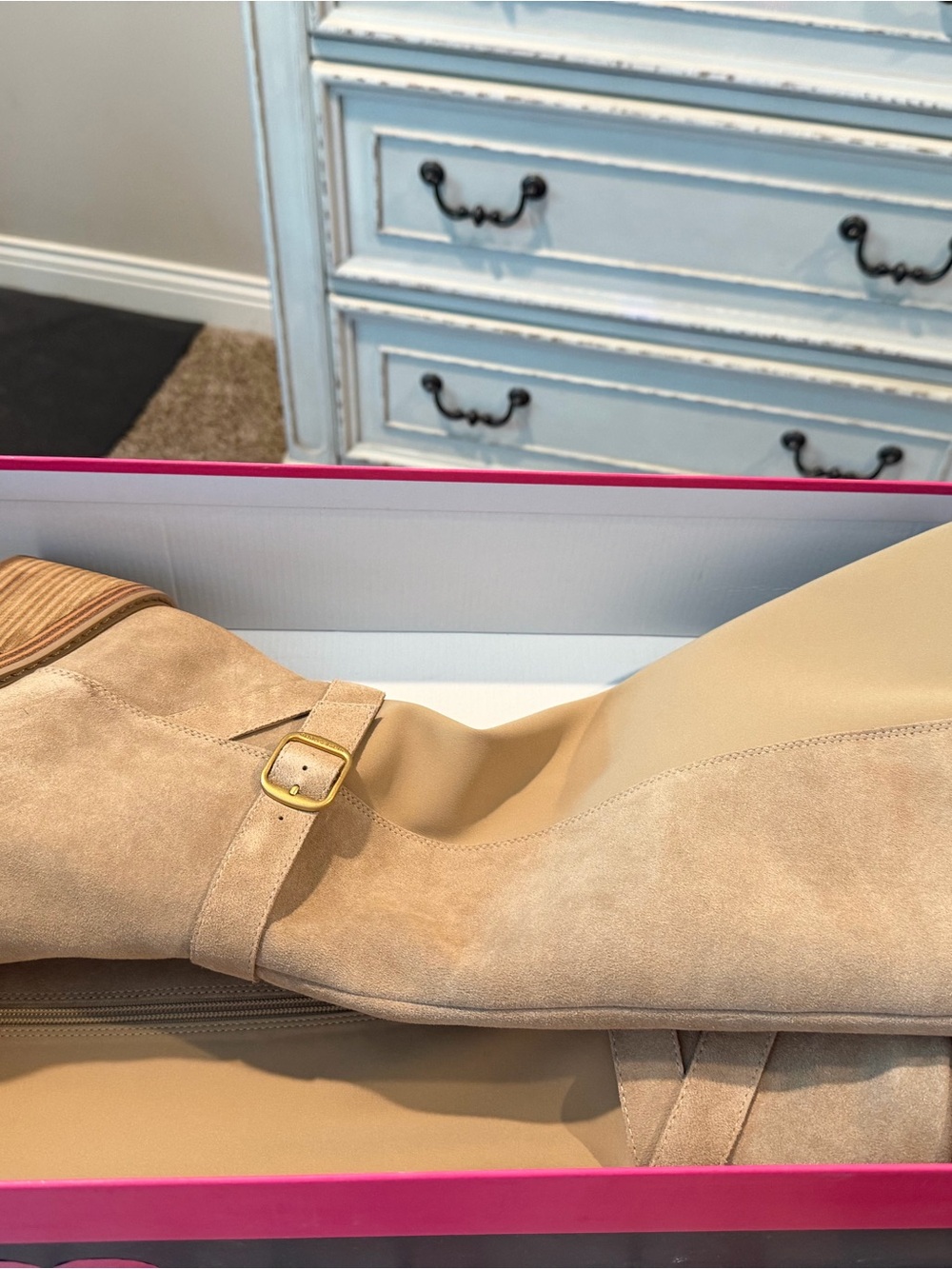 Vince Camuto Taupe Suede Over-The-Knee Boots with Gold Buckle